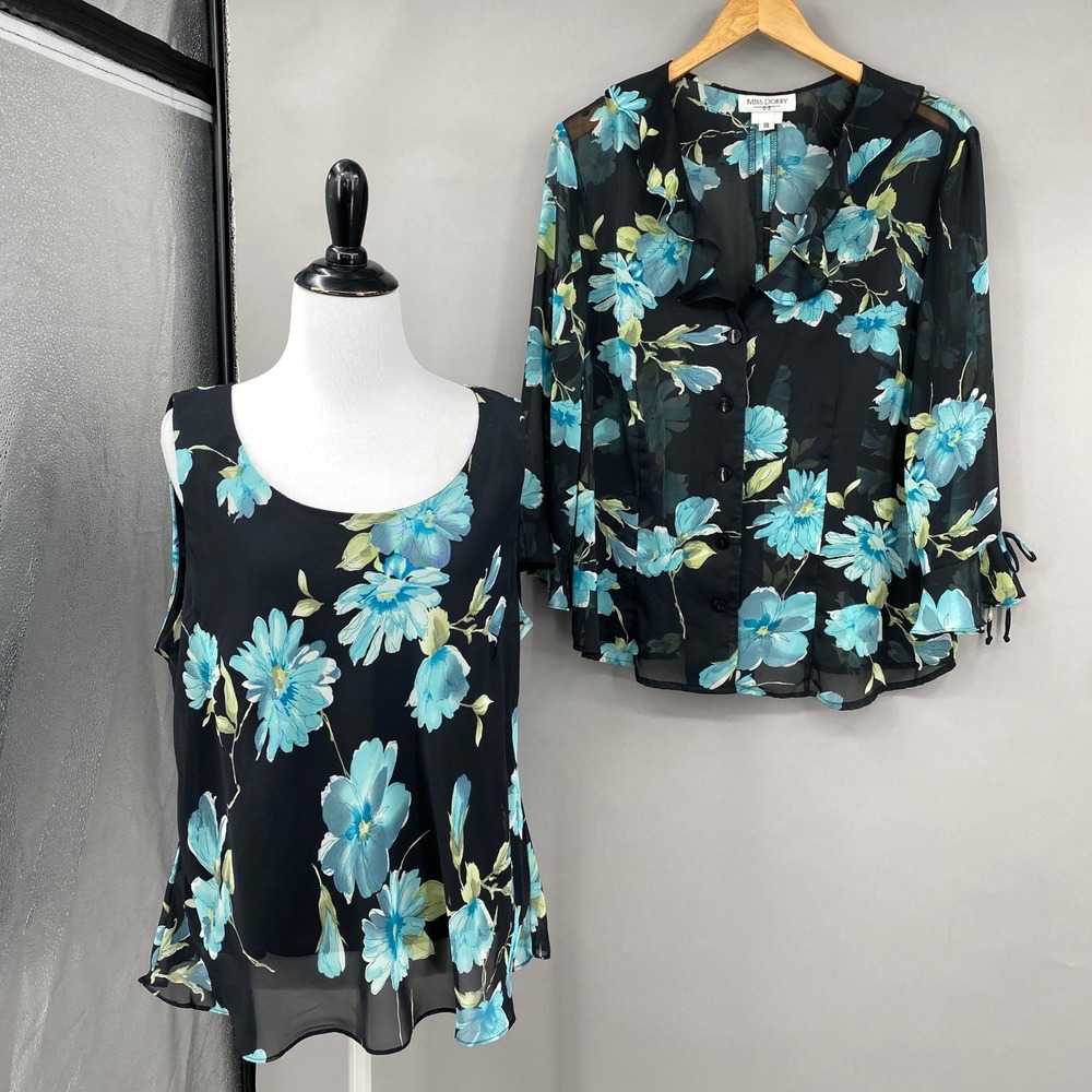 Y2K Miss Dorby Floral Blouse & Tank Set Womens 18 Blue Sheer Ruffle Fairy
Vtg
